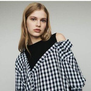 Maje Livie Trompe L'Oeil Gingham Asymmetric Off-Shoulder Blouse Top